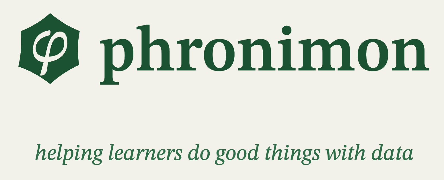 Phronimon logo and wordmark with slogan: 'helping learners do good things with data'