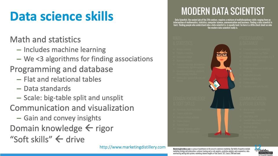 Infographic titled MODERN DATA SCIENTIST: a cartoon woman with a tablet and shoulder bag, framed by 4 faint lists of skills.