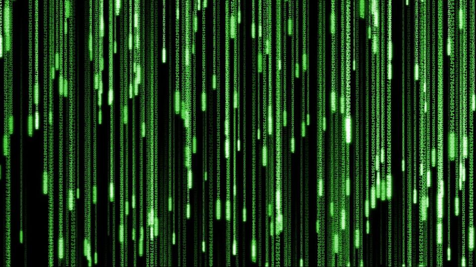 Full-slide image: many vertical streams of glowing green digits on a black background, with brighter segments scattered along them.