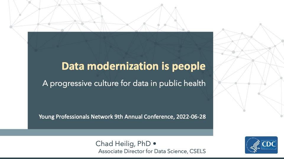 Title slide over a faint network graphic of gray nodes joined by lines, with a CDC logo bearing the HHS seal at lower right.