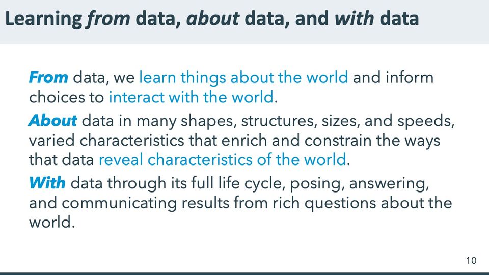 Slide 10: Learning from data, about data, and with data; its text follows