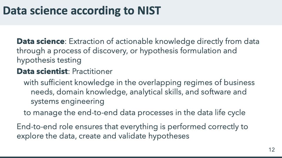 Slide 12: Data science according to NIST; its text follows