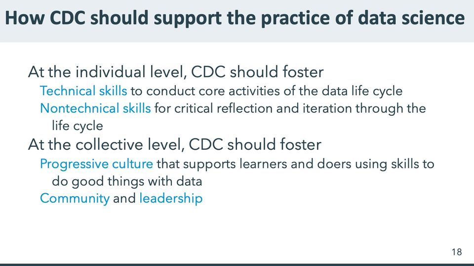 Slide 18: How CDC should support the practice of data science; its text follows