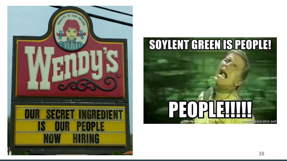 Two pictures: the Wendy's sign photo at left; at right, a green-tinted film still of a man shouting upward, with meme captions.