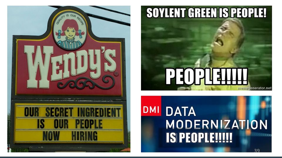 Three pictures: the Wendy's sign at left; at right, the green-tinted meme still above a Data Modernization banner with a meme-style caption.