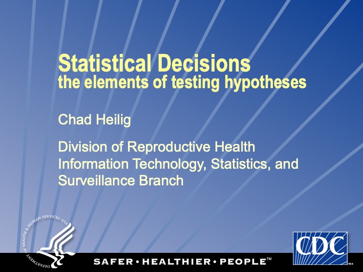Blue title slide with light rays; HHS seal lower left, CDC logo lower right, tagline band at bottom; a redacted region below the affiliation.