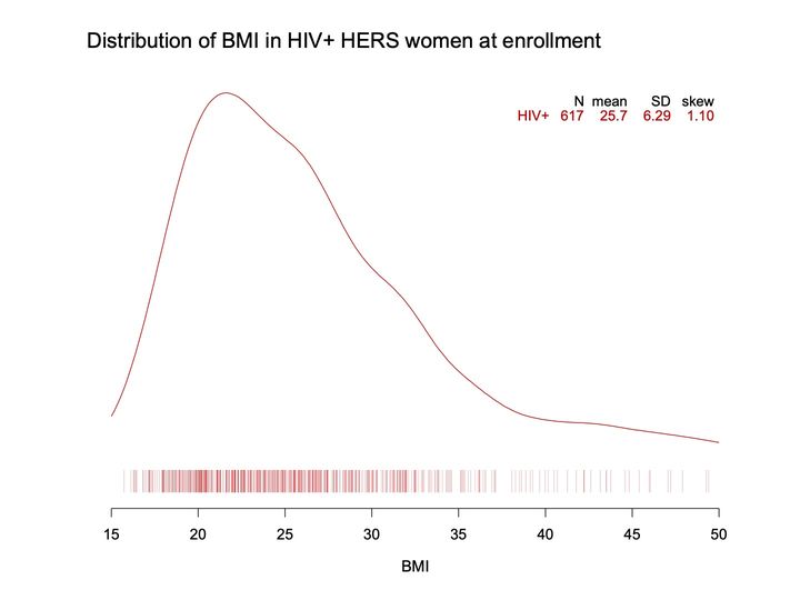 Rug plot of BMI values with a smoothed red density curve above it and a summary table at upper right.