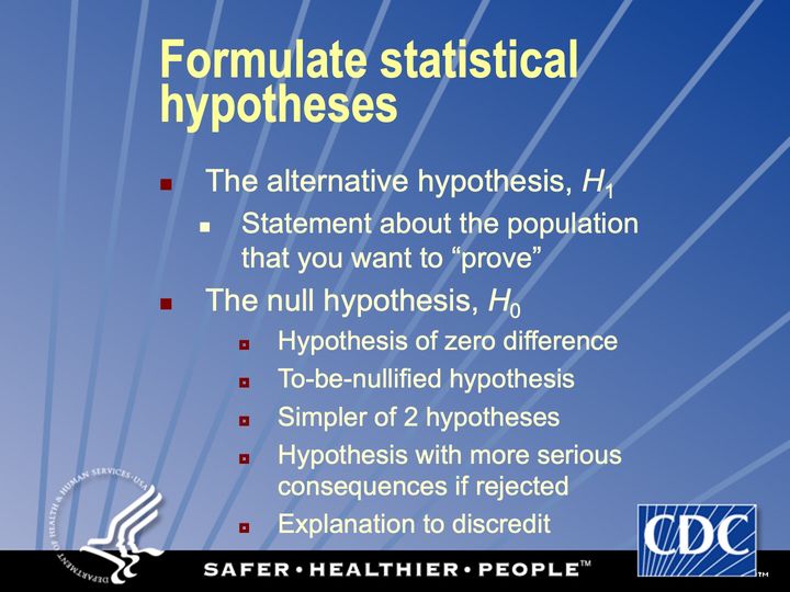 Slide 39: Formulate statistical hypotheses; its text follows