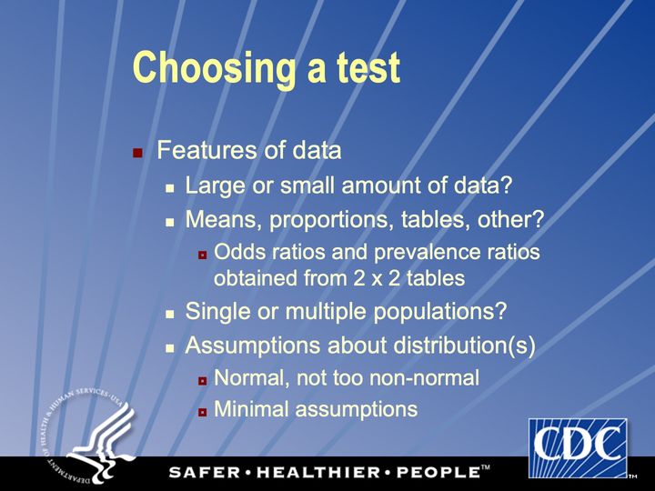 Slide 61: Choosing a test; its text follows