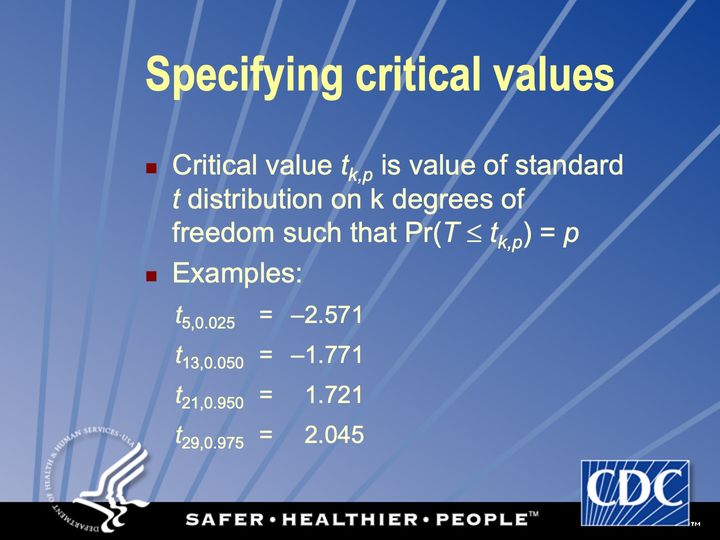Slide 70: Specifying critical values; its text follows