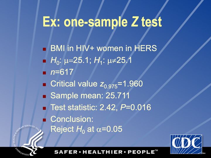 Slide 72: Ex: one-sample Z test; its text follows