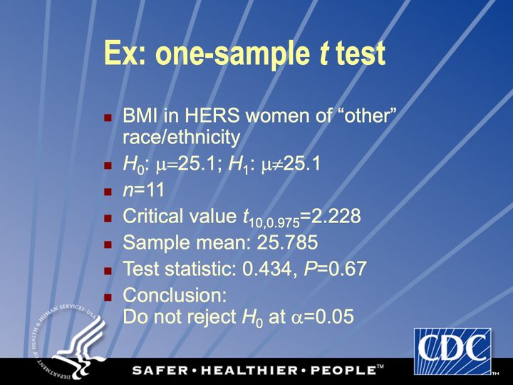 Slide 74: Ex: one-sample t test; its text follows