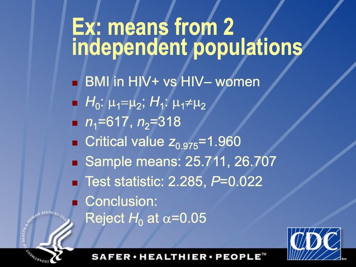 Slide 76: Ex: means from 2 independent populations; its text follows