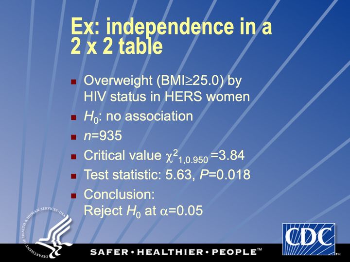 Slide 87: Ex: independence in a 2 x 2 table; its text follows