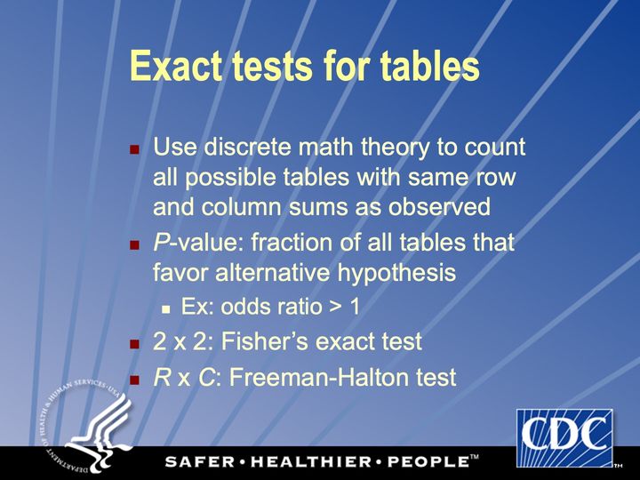 Slide 90: Exact tests for tables; its text follows