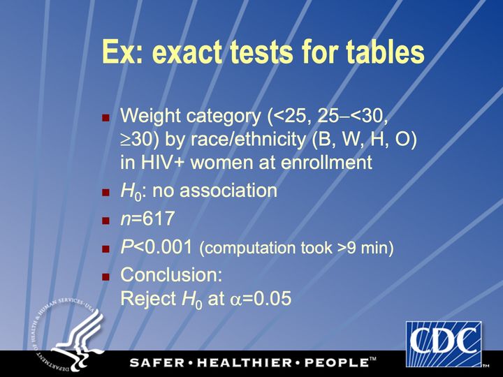 Slide 91: Ex: exact tests for tables; its text follows