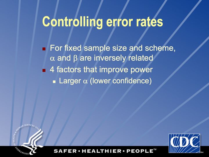 Slide 122: Controlling error rates: larger α (lower confidence); its text follows
