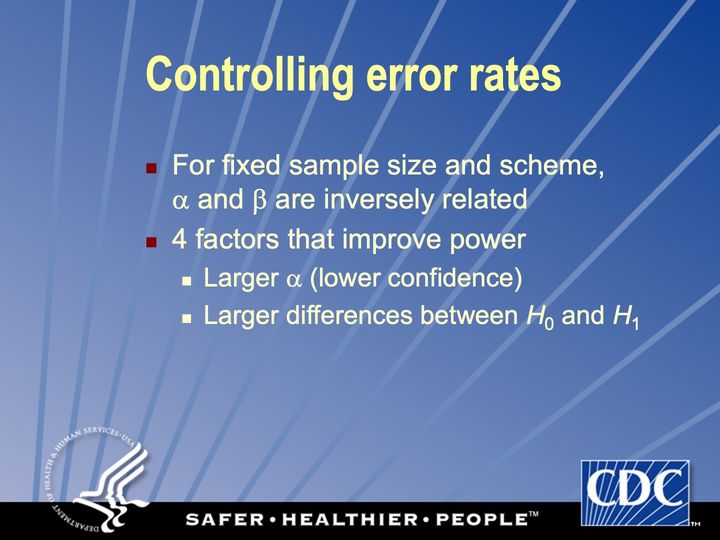 Slide 125: Controlling error rates: larger differences between H0 and H1 (effect size); its text follows