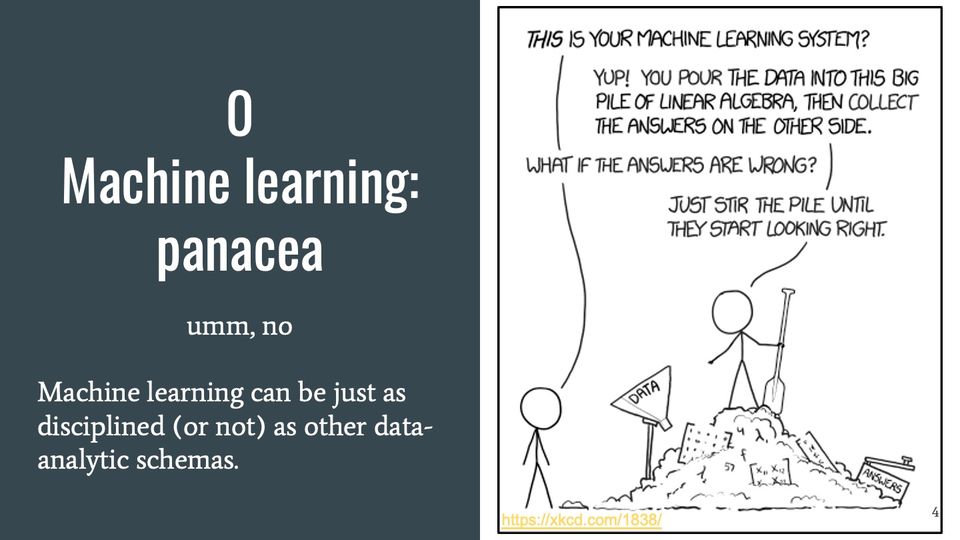 Comic: two stick figures discuss a machine learning system, one standing with a paddle atop a heap of data and math.