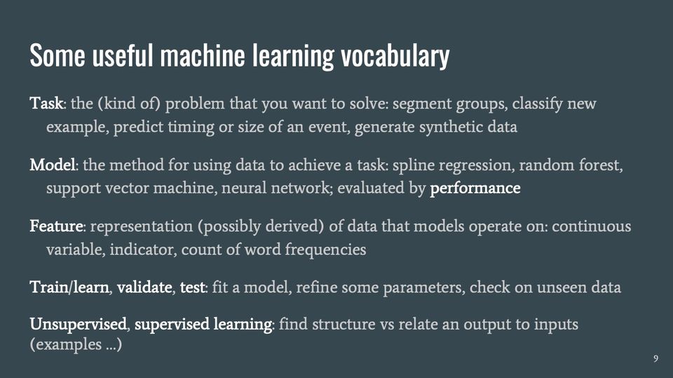 Slide 9: Some useful machine learning vocabulary; its text follows