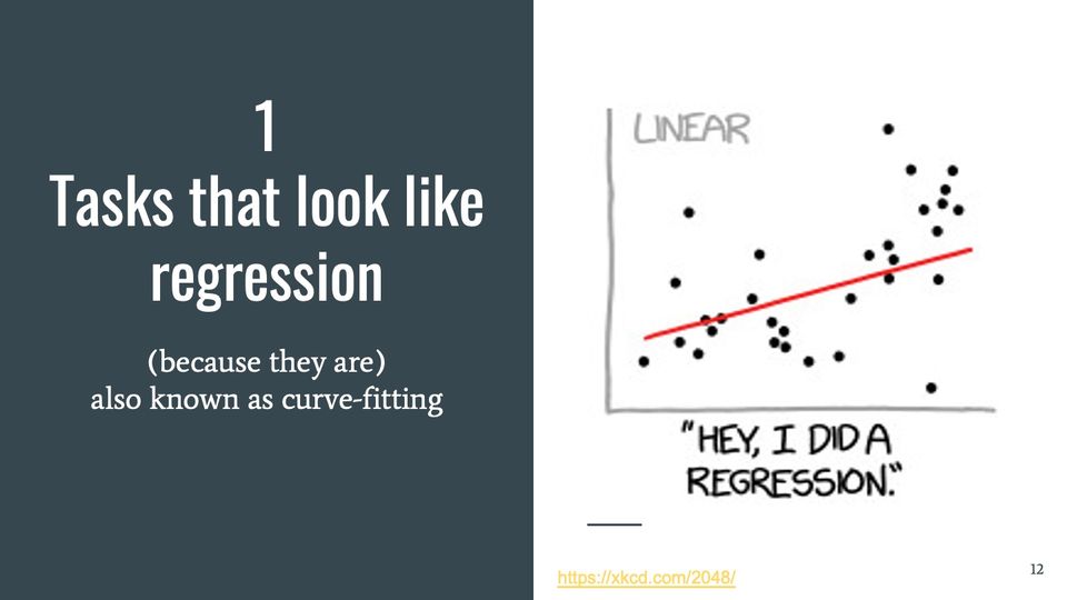 Comic panel: a hand-drawn scatterplot with a straight red line rising from left to right through the points.