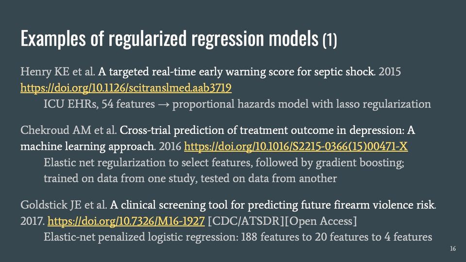 Slide 16: Examples of regularized regression models (1); its text follows