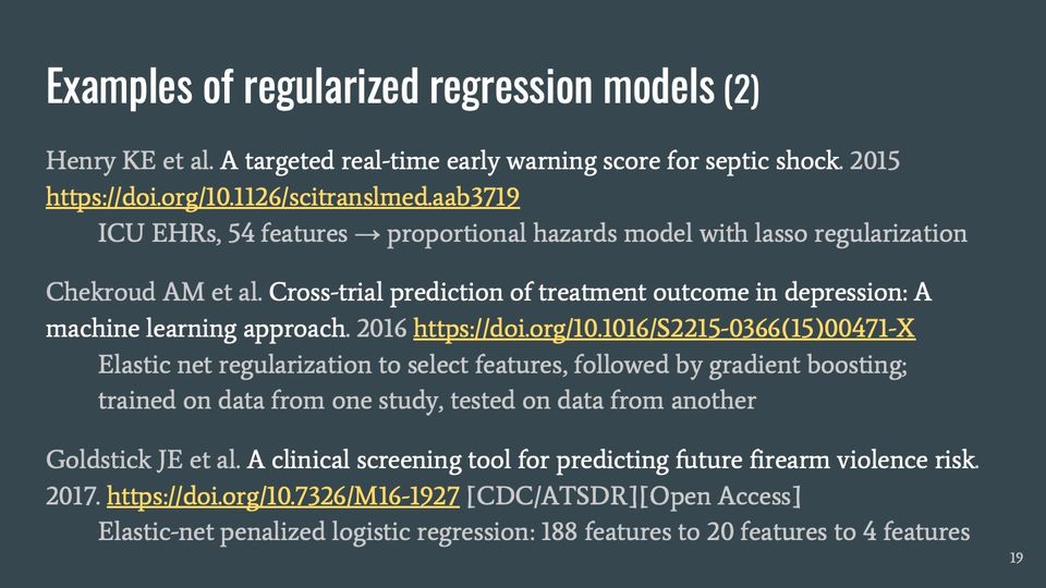 Slide 19: Examples of regularized regression models (2); its text follows