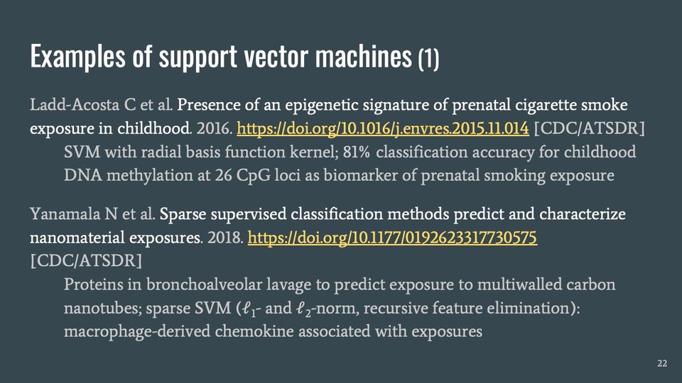 Slide 22: Examples of support vector machines (1); its text follows