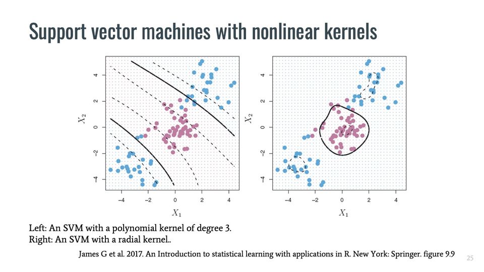 Two scatterplots of points in 2 colors, each with curved decision boundaries and dashed margin curves.