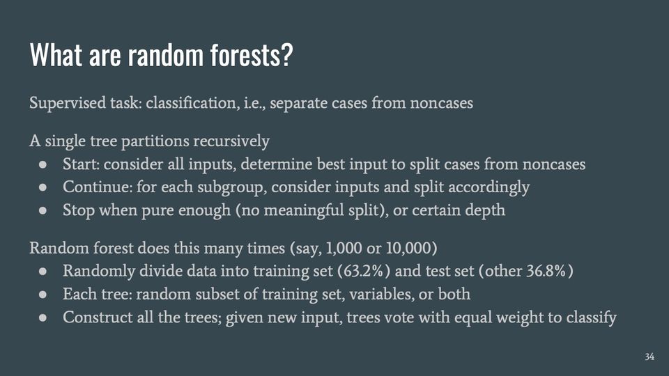 Slide 34: What are random forests?; its text follows