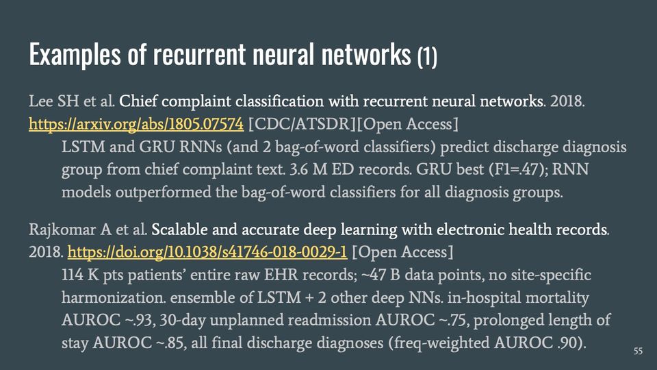 Slide 55: Examples of recurrent neural networks (1); its text follows