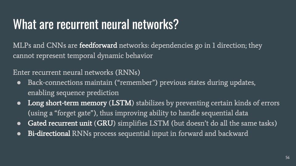 Slide 56: What are recurrent neural networks?; its text follows