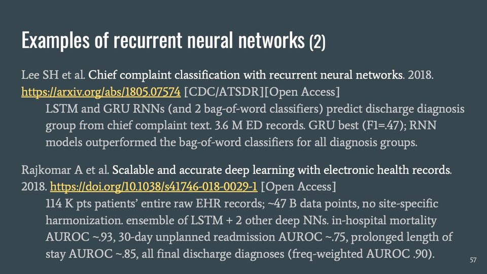 Slide 57: Examples of recurrent neural networks (2); its text follows