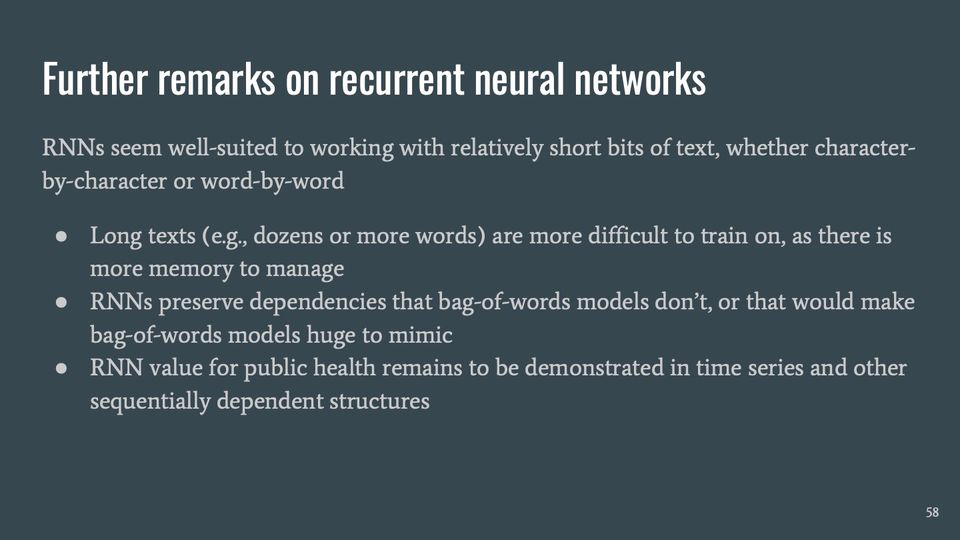 Slide 58: Further remarks on recurrent neural networks; its text follows