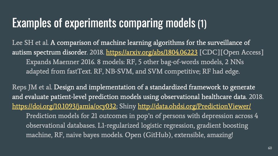 Slide 60: Examples of experiments comparing models (1); its text follows