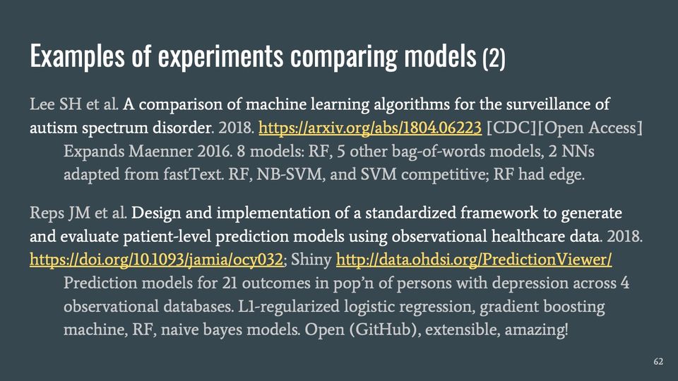 Slide 62: Examples of experiments comparing models (2); its text follows
