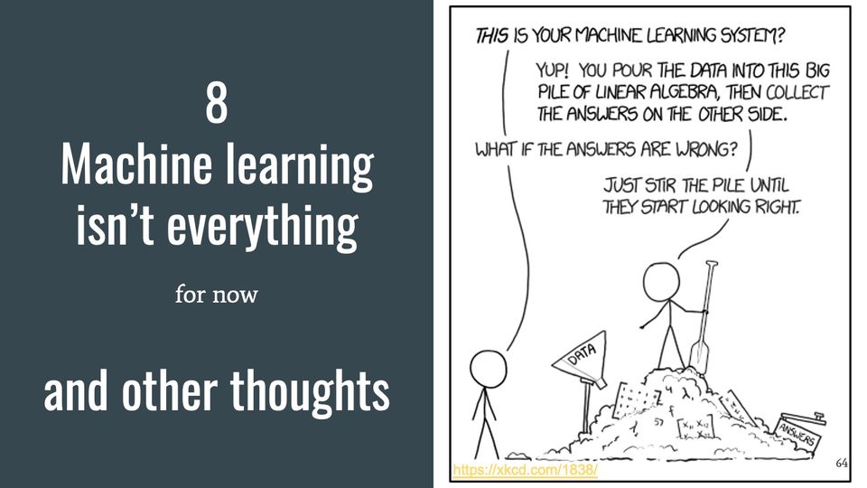 xkcd comic: one stick figure stands with a paddle atop a heap of matrices and symbols, between a funnel labeled DATA and a box labeled ANSWERS.