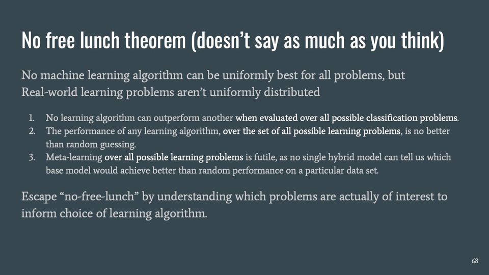Slide 68: No free lunch theorem (doesn’t say as much as you think); its text follows