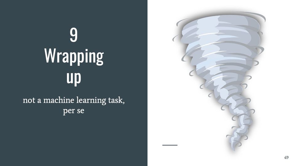 Illustration of a gray tornado funnel on a white panel, the right half of the slide.