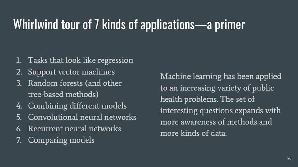 Slide 70: Whirlwind tour of 7 kinds of applications—a primer; its text follows