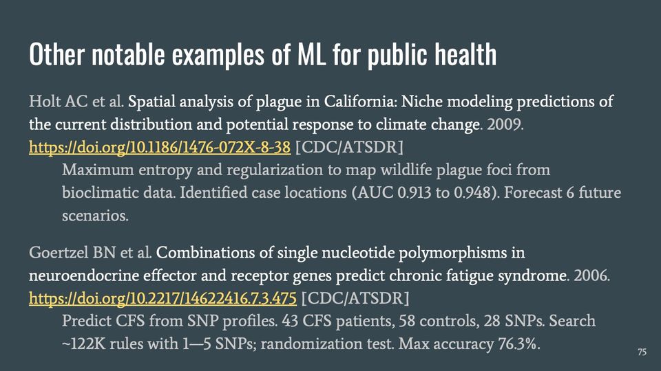Slide 75: Other notable examples of ML for public health; its text follows