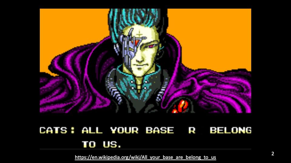 Pixel-art video game screen: a pale figure with teal hair, a partly mechanical face and a purple cloak on orange, above a caption bar.