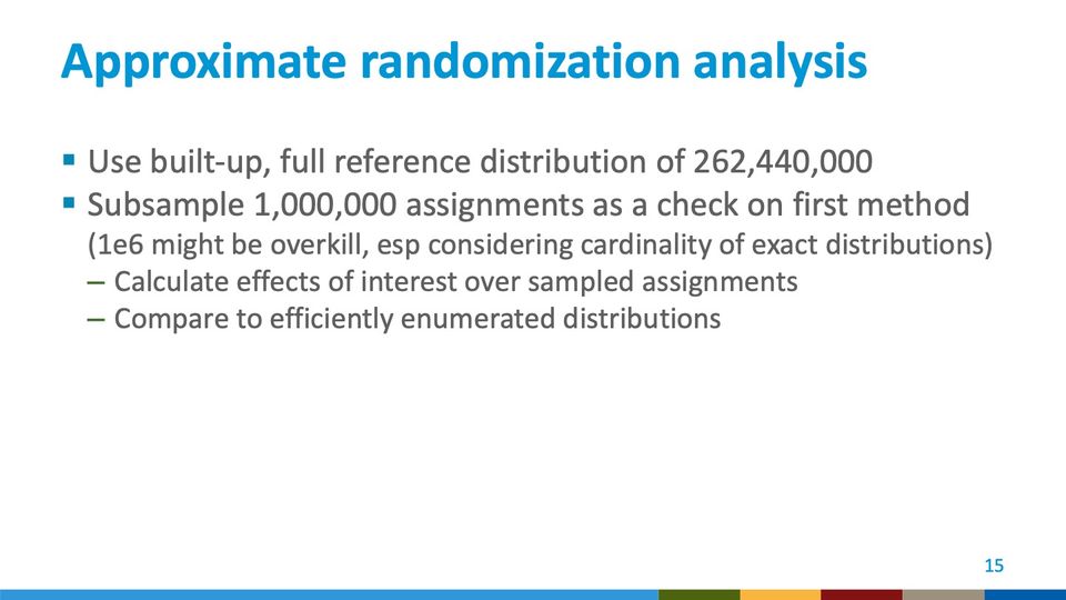 Slide 15: Approximate randomization analysis; its text follows