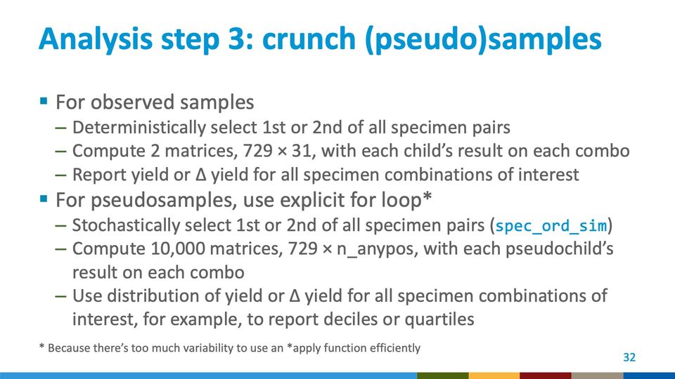 Slide 32: Analysis step 3: crunch (pseudo)samples; its text follows