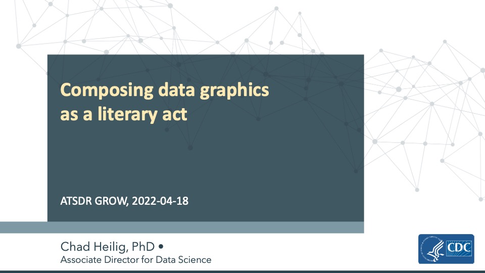Title slide with a faint network of linked nodes behind a dark panel, a CDC logo at lower right, and a redacted region after the presenter's name.