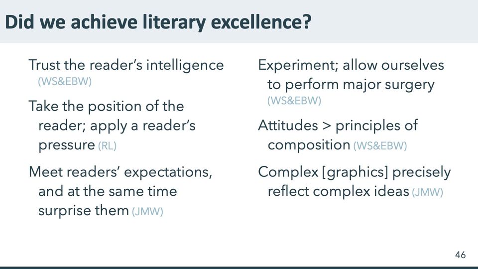 Slide 46: Did we achieve literary excellence?; its text follows