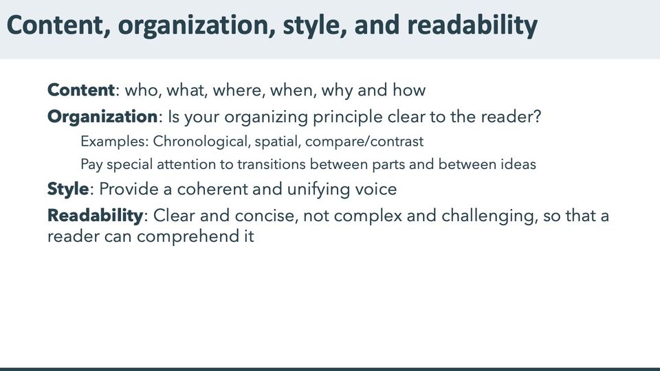 Slide 52: Content, organization, style, and readability; its text follows