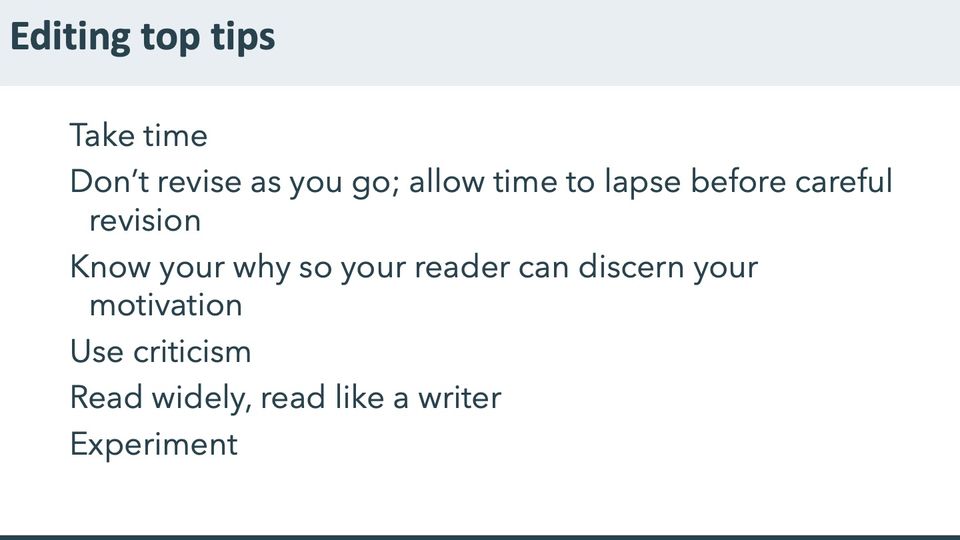 Slide 54: Editing top tips; its text follows