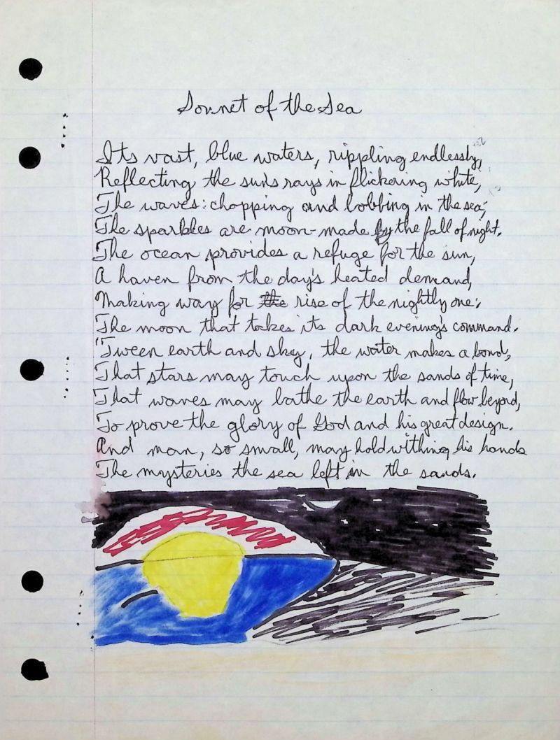 A spiral-notebook page titled "Sonnet of the Sea", handwritten in cursive. Below the text is a marker illustration of a sunset over water: black night sky, red sunburst, yellow sun, blue sea. The image does not carry its date, witnessed elsewhere as 1982-10-08.