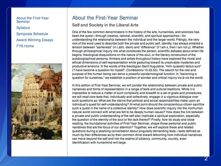 Screenshot of a First-Year Seminar web page: a menu at left above a painting of a tall, many-tiered round tower, and 2 paragraphs at right.